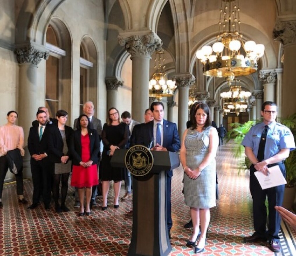 Sen. Todd Kaminsky, at podium, urges action on climate change at a June 4 news conference. At right is Julie Tighe with the New York League of Conservation Voters.
